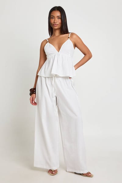 boohoo Dames Linnen Look Kralenversierde Cami & Wijde Broek Co-ord | Natural | Maat: 38