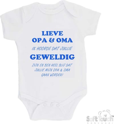 100% katoenen Romper "Lieve opa & oma ik hoorde dat jullie geweldig zijn en ben heel blij dat jullie mijn opa & oma gaan worden!" Jongens Katoen Wit/blauw Maat 62/68