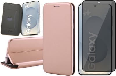 Hoesje geschikt voor Samsung Galaxy S25 - Privacy Screenprotector Volledig Dekkend Glas - Wallet Book Case Rosegoud