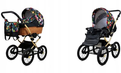 BabyLux® Kinderwagen 2in1 – CLASSIC GOLD - GARDEN FLOWERS SILVER FRAME - Opklapbare Wandelwagen incl. Reiswieg, Multifunctionele Buggy Sportstoel - Combi-kinderwagen met Luiertas, Regenhoes, Klamboe, Bekerhouder, etc.