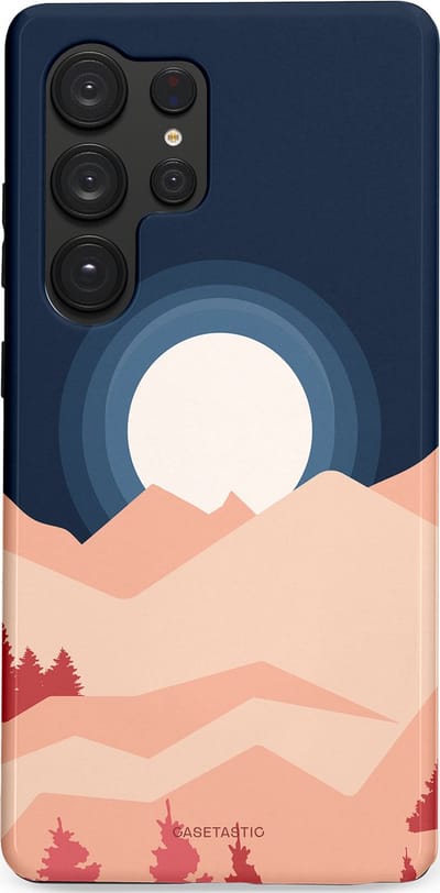 Casetastic hoesje geschikt voor Samsung Galaxy S25 Ultra - Dubbellaagse bescherming - Bergen bij maanlicht - Fashion Case - Zwart Perzik Zand Koraal