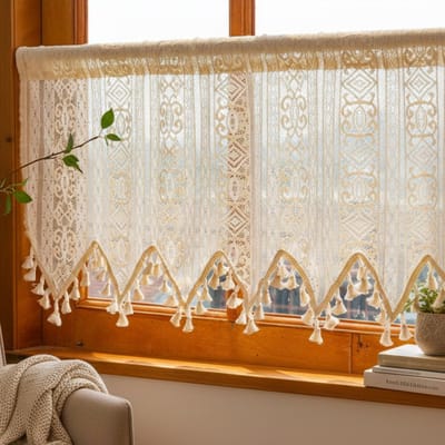 Qelus Valletje met Kwastjes - W-Vorm Bistrogordijn - Decoratief Puntgordijn - Linnenlook - Tunnelzoom - Boho Keuken Gordijn - Brise-bise à Glands - B150xH90cm