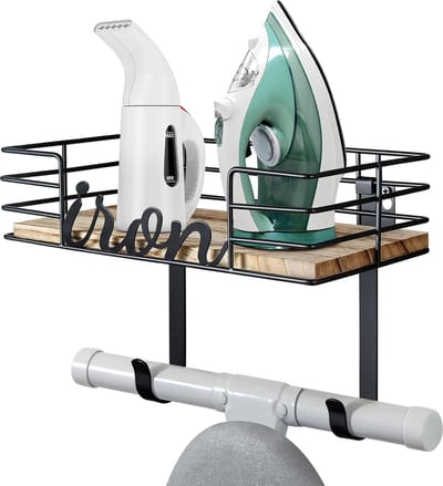 Candala Strijkplank Hanger - Wasruimte IJzer- en strijkplankhouder, metalen muurbevestiging met grote opbergbare houten basismand en verwijderbare haken
