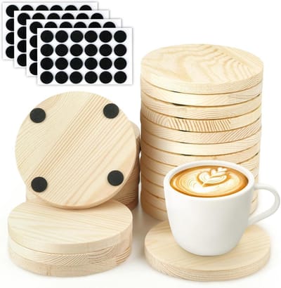 GELLDG Houten onderzetters - Houten schijven - 8 mm onbewerkte houten onderzetters - Blanco natuurlijke ronde houten onderzetters - Geschikt voor drankjes, tafeldecoratie, doe-het-zelf - Onbewerkte houten onderzetters - 24 stuks - 10 cm