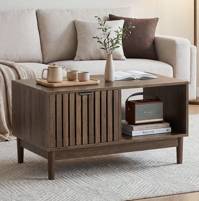 MODENUIT Salontafel - Met Lade En Open Vakken Voor Woonkamer - MDF In Walnootkleur - 80x50x45 Cm - Rechthoekig