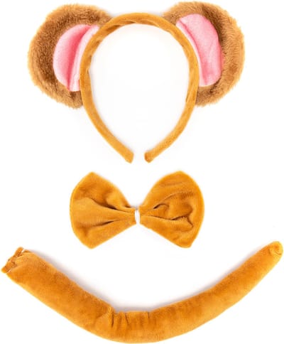 KIMU® Aap Haarband Oren, Strik & Staart Diadeem Set - Bruin Beige Zacht Apenpak Dierenpak Oortjes Pak - Chimpansee Strikje Staartje Festival