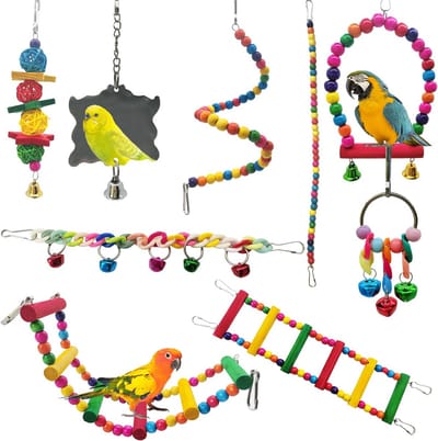 LWINGFLYER 7 stuks vogelspeelgoed, kleurrijke gevlochten manden met touwspeelgoed, perfect voor kauwen en klimmen