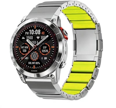 Stravo Magnetisch Titanium Bandje met Siliconen Binnenlaag – QuickFit 22 mm – geschikt voor Garmin Fenix 5 / 6 / 7 / 8 / Fenix E / Epix Gen 2 47 mm / Forerunner 935/945/955/965/745 / Quatix 7 / Instinct (1) – Zilver / geel