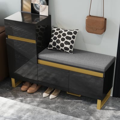 MODENUIT Schoenenkast - Met Zitbank, Lade En Deuren - Voor Hal En Slaapkamer - MDF Zwart Met Hoogglans - 120x35x85 Cm