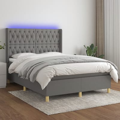 vidaXL - Boxspring - met - matras - en - LED - stof - donkergrijs - 140x200 - cm