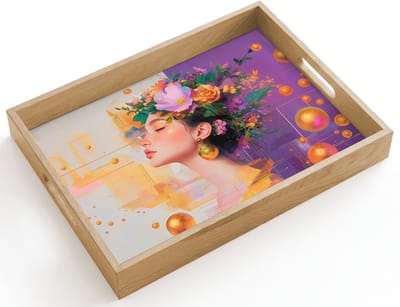 Dienblad hout 40x30 cm - Schootdienblad - Abstract - Vrouw - Bloemenkroon - Goud - Borrelplank rechthoek - Plateau dienbladen