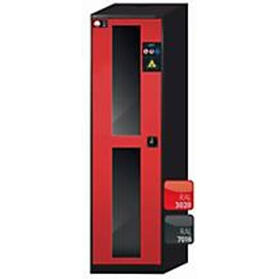 asecos CS-CLASSIC-G chemische voorraadkast, scharnierende deur met glasuitsparing, links scharnier, voorzijde in verkeersrood, B 545 x D 520 x H 1950 mm