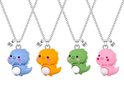 Bixorp Friends BFF Ketting voor 4 met Schattige Dino - Blauw, Groen, Oranje & Roze - Dinosaurus met ei - 45cm + 5cm verstelbaar