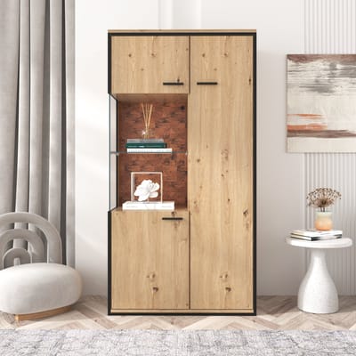 DESMIU Vitrinekast - Met Ledverlichting En Glazen Deur - Verstelbare Planken Voor Woonkamer Of Kantoor - Mdf - 77,5x40x150 Cm - Naturel