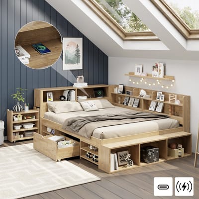 Sweiko Kinderbed - 140 x 200 cm - met Hoofdkast - Lade - Opbergrek - Oplaadfunctie - Natuurlijke