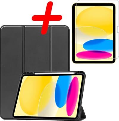 Hoesje Geschikt voor Apple iPad 10 (2022) - 10.9 inch - 10e Generatie - Met Screenprotector - Trifold Bookcase - Hard Cover Case - Met Uitsparing Geschikt voor Apple Pencil - Hardcover Book - Tablet Hoes - Zwart