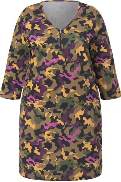 Ulla Popken - Dames - Longshirt rits A-lijn V-hals 3/4-mouwen - Olijfgrijs - Maat 46+
