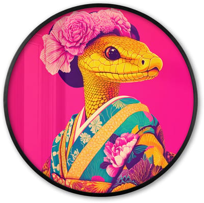 Poster in lijst Rond - Fotolijst 60x60 cm - Posters - Hagedis - Bloemen - Roze - Kimono - Ronde posterlijst zwart - Decoratie - Wanddecoratie woonkamer - Muurdecoratie slaapkamer