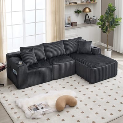 Modulaire sofaset met chaise longue en 2-zitsbank, zachte corduroy bekleding, inclusief 5 kussens, zijvakken en bekerhouders, schuim met hoge dichtheid, zelf samen te stellen, ideaal voor woonkamer, appartement en studio.