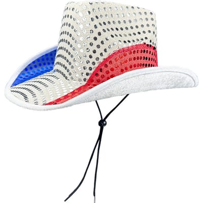 Sterren gestreept Rood Wit en Blauw Westerse Petten Dames Heren Pailletten Cowgirl Hoeden voor Onafhankelijkheidsdag Patriottische Hoeden voor Feest One Size wit