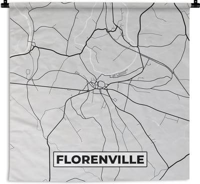 Wandkleed - Wanddoek - Plattegrond – Florenville – Zwart Wit – Stadskaart - Kaart - 180x180 cm - Wandtapijt