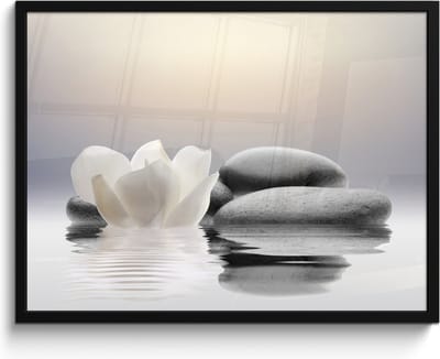 Poster in lijst - Fotolijst 80x60 cm - Posters - Stenen - Lotus - Wit - Water - Zen - Posterlijst zwart - Wanddecoratie badkamer - Muurdecoratie WC - Decoratieve accessoires - Toilet muur decoratie