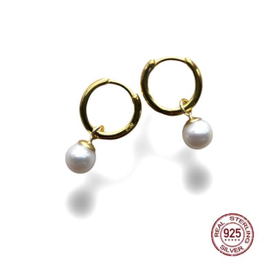 Oorringen - 925 Sterling Zilver - goudkleurig - met echte zoetwater parel hanger 6 mm