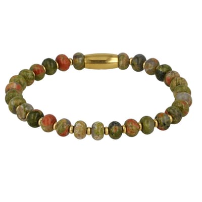 My Bendel - Goudkleurige Armband met Aardende Unakite Edelstenen - met Luxe Cadeauverpakking | Sieraden Voor Dames | Maat S
