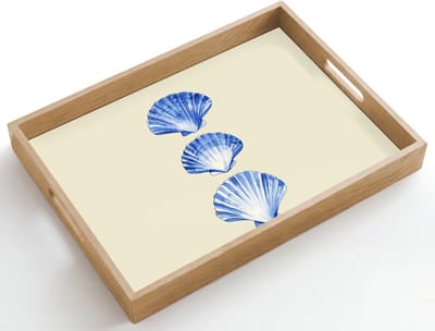 Dienblad hout 50x35 cm - Schootdienblad - Schelpen - Blauw - Beige - Borrelplank rechthoek - Plateau dienbladen