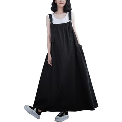 Robe d'été Vintage en Denim ample pour femmes, bretelles réglables, col carré sur le côté M noir