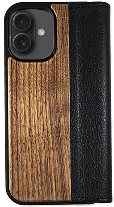 Houten flip case, iPhone 16 – Noten met zwart leer