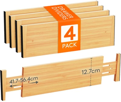 Set van 4 Bamboe Verstelbare Ladeverdelers - voor Keuken, Kledingkast, Bureau, Kantoor - voor binnenlengte 45-55 cm en hoogte > 12,7 cm