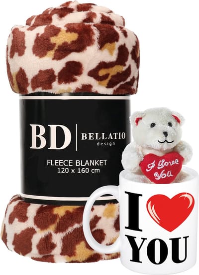 Valentijn cadeau set - Fleece plaid/deken panter print met I love you mok en beertje - Cadeau vrouw, vriendin, geliefde