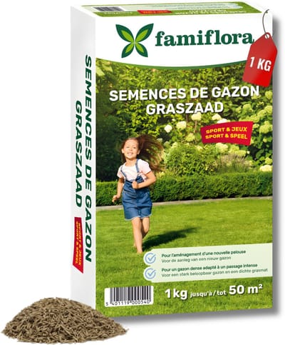 Famiflora graszaad 1kg tot 50m² - Speel & Sport - voor aanleg nieuw gazon - 1kg tot 50m² - Voor een sterk gazon dat tegen spelen kan - Dichte grasmat verdringt onkruid automatisch