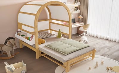 Uittrekbaar Boogdakbed - 140x200 cm - Kinderbed Met Schuifbed - Wit & Natuur - Grenen + MDF - Met Zijplankje