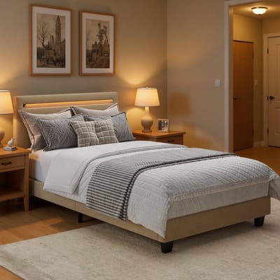 Xbro Gestoffeerd Bed 90 x 200 cm – met Bedhoofdbord LED-Verlichting – Eenpersoonsbed met Hoofdbord en Lattenbodem – Beige