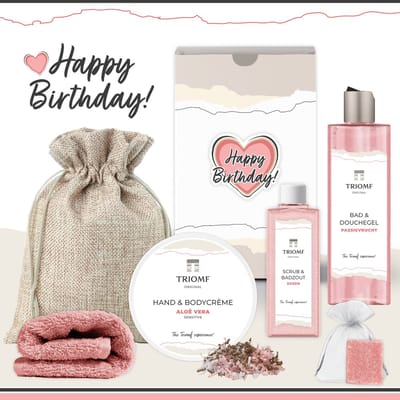 Geschenkset “Happy Birthday!” - 6 producten - 680 gram - Triomf Cosmetica | Giftset voor haar Verjaardag Cadeau Valentijnsdag Valentijn Luxe wellness cadeaubox Vriendin Vrouw Meisje Cadeaupakket Liefde Geschenk Pakket Douchegel Gift Set Roze