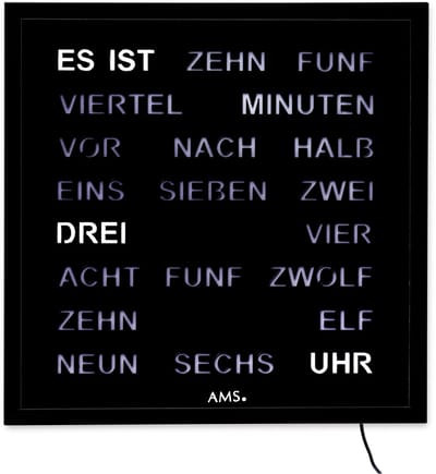 Intertime woordklok 40x 40cm - zwart / wandklok / tijd in woorden / adapter Duitse Tekst
