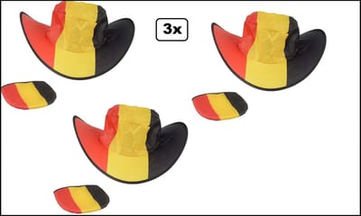 3x België supporters hoed opvouwbaar 38 x 10 cm rood/geel/zwart - Landen Belgie EK WK sport
