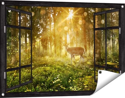 Gards Tuinposter Doorkijk Hert in Bos met Zon - 90x60 cm - Tuindoek - Tuindecoratie - Wanddecoratie buiten - Tuinschilderij
