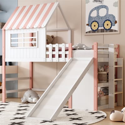 YEHTOKHOME Hoogslaper 90x200 cm met glijbaan, kinderbed van massief hout met trap, valbescherming met opbergvak, voor jongens en meisjes, dakvorm, roze (zonder matras)