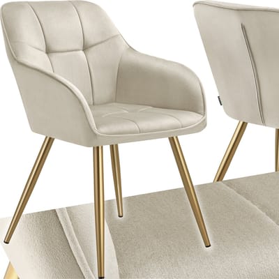 tectake® Eetkamerstoel Marilyn - Gestoffeerde Stoel in Fluweellook - Gecaptioneerd - Zwarte Stoelpoten - Ergonomische Keukenstoel - Met Doorlopende Rugleuning en Armleuningen - Stoel voor Woonkamer, Eetkamer, Slaapkamer - Creme
