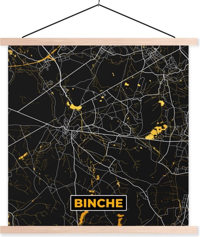 Posterhanger incl. Poster 40x40 cm - Schoolplaat - Plattegrond - Goud - Binche - Kaart - Stadskaart - Textielposter - Blanke latten - Stadskaart