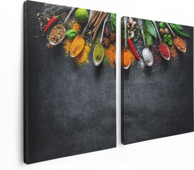 Artaza Canvas Schilderij Tweeluik Kruiden En Specerijen Op Een Zwarte Plaat - 120x80 - Foto Op Canvas - Canvas Print