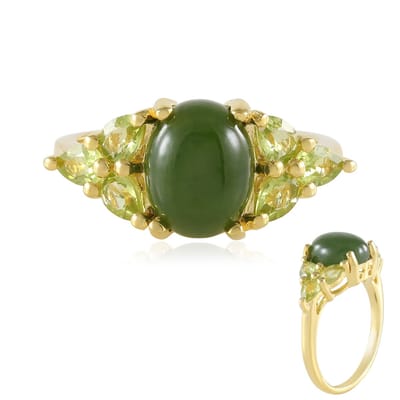 Cavill - Elegante Damesring - 925 Sterling Zilver - 2,9 ct Ovale Canadese Jade & 0,95 ct Peervormige Peridots - Gouden Zetting
