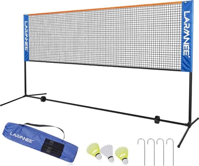 Badmintonnet, tennisnet, 3 m, 4 m, 5 m in hoogte verstelbaar, set bestaande uit net, 3 x shuttle, stabiel ijzeren frame en transporttas, voor binnen en buiten