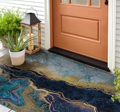 Coloray Buiten Deurmat - Blauw Polyamide Deurmat - Blauwe Marmer Deurmat Met Rubber Onderkant - Stijlvolle Buitenruimte - Winter Deurmat Buiten - Grote Buiten Deurmat Voor Voordeur - 150x100 cm