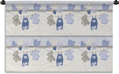 Wandkleed - Wanddoek - Baby kleren - Waslijn - Teddybeer - Patroon - 180x120 cm - Wandtapijt