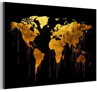 Aluminium schilderij 180x120 cm - Wanddecoratie metaal - Wereldkaart - Goud - Druipen - Zwart - Metalen muurdecoratie woonkamer - Decoratie industrieel - Foto op dibond - Industriële accessoires slaapkamer