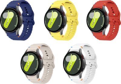 Strap-it Siliconen Wave bandjes (5 stuks) – geschikt voor Samsung Galaxy Watch 7 (40 & 44mm) / 6 (Classic) / 5 (Pro) / 4 (Classic) – Wit + Donkerblauw + Lichtgeel + Rood + Sterrenlicht
